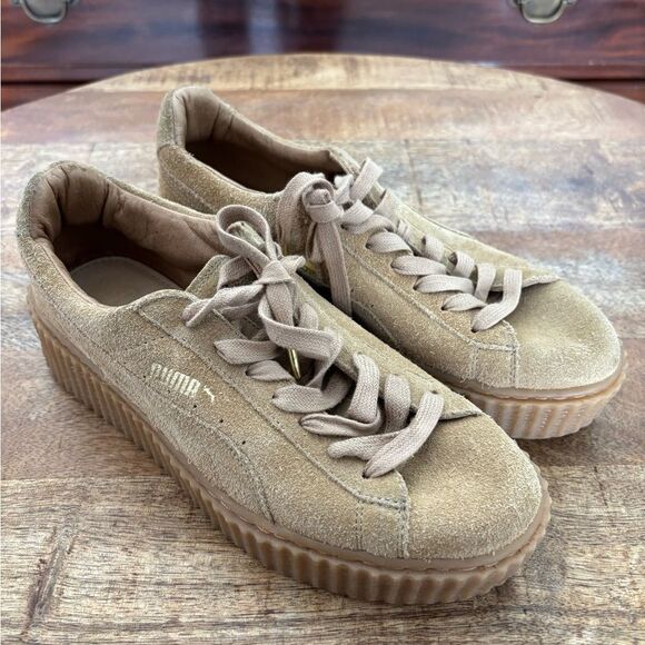 Tan Athletic Shoes with Platform Sole and Suede Finish - Picture 3 of 9
